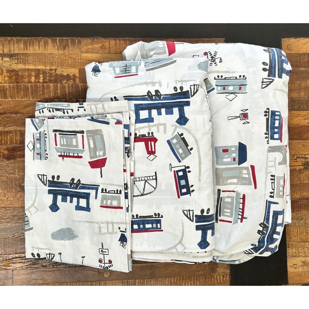 Pottery Barn Kids Train Full Size Organic Cotton Sheet Set EUC $129